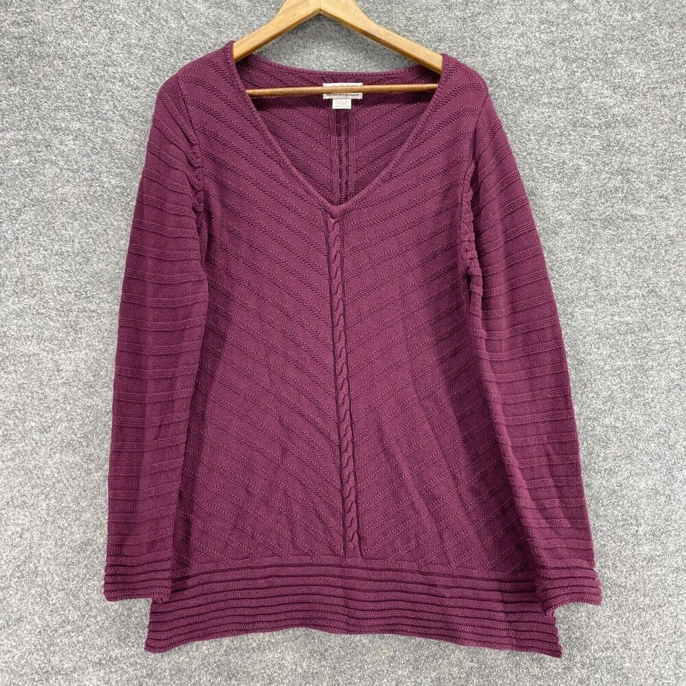 Max Studio Sweater Pullover Women L Large Purple Knit V-Neck Long Sleeve Cotton